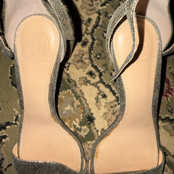 Tory Burch Keri Crackled Metallic Sandal Pewter Stiletto Heels - Picture 7 of 8